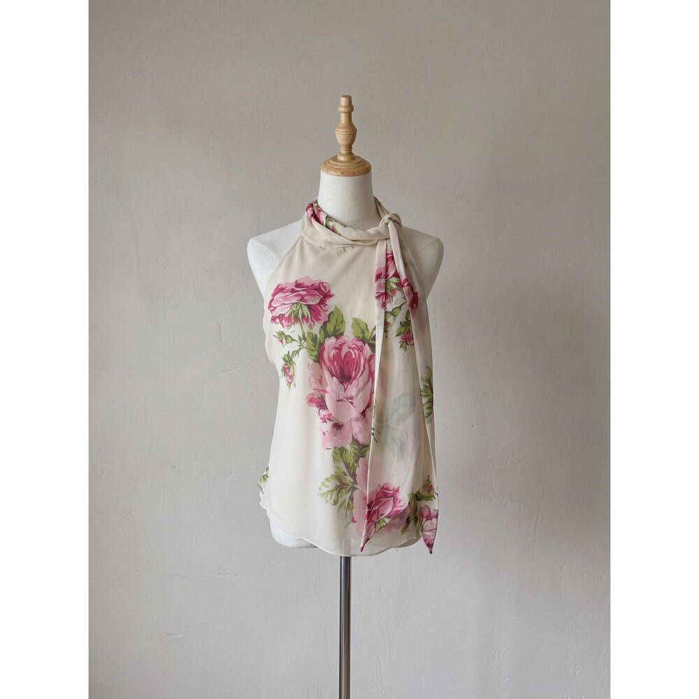 Lauren Ralph Lauren c. 1990s Silk Crepe Halterneck Top Ivory & Persian Rose | 16